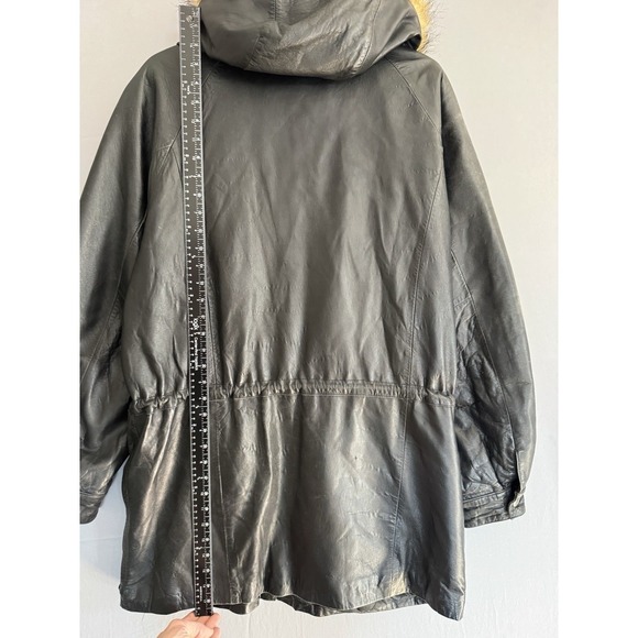 Vintage Wilsons Black Leather Coat Mens Medium Hooded Faux Fur Trim Quilted Y2K - Picture 5 of 13